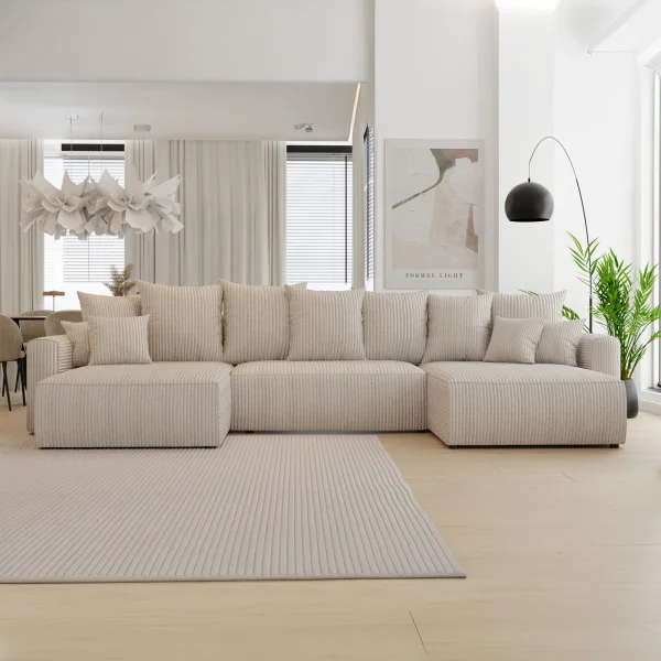 Divano letto panoramico 350x160cm velluto a coste con libreria beige Mistery