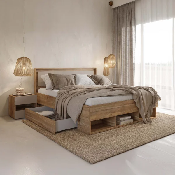Letto 140x200cm alla francese con cassettoni rovere tortora Lise