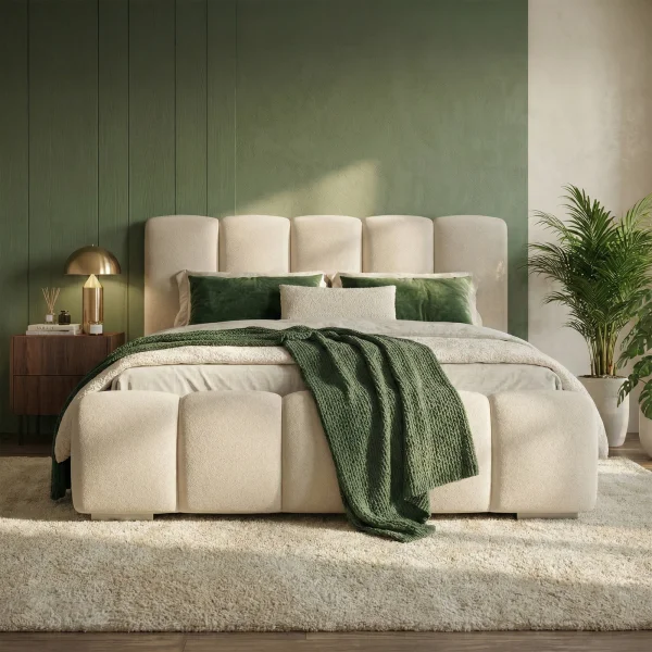 Letto matrimoniale contenitore 160x200 cm con rete tessuto imbottito bianco panna Stars