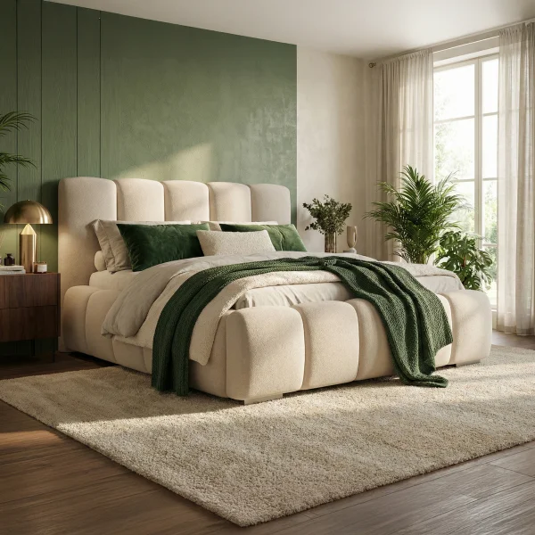 Letto matrimoniale contenitore 160x200 cm con rete tessuto imbottito bianco panna Stars