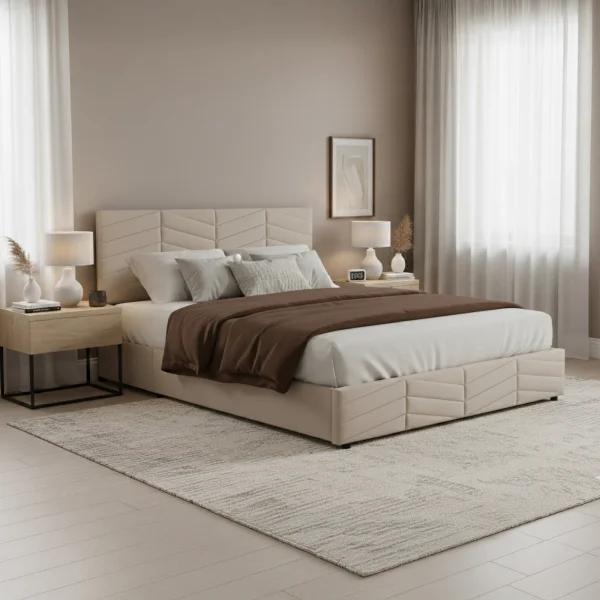 Letto matrimoniale contenitore 160x200 cm imbottito con rete e testiera regolabile beige Perlier