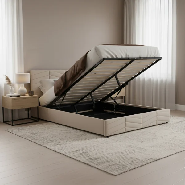 Letto matrimoniale contenitore 160x200 cm imbottito con rete e testiera regolabile beige Perlier