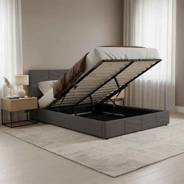 Letto matrimoniale contenitore 160x200 cm imbottito con rete e testiera regolabile grigio scuro Perlier