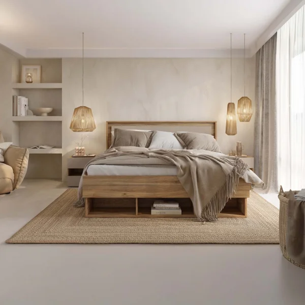 Letto matrimoniale oversize 180x200cm 3 vani a giorno rovere tortora Lise