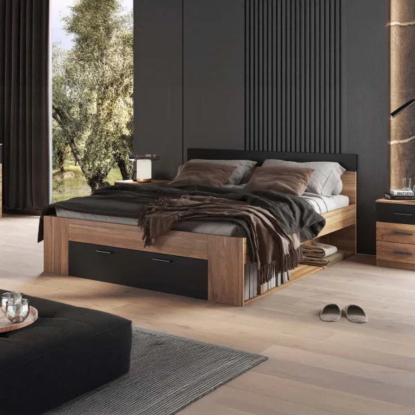 Letto matrimoniale oversize 180x200cm con cassettone rovere nero Yve