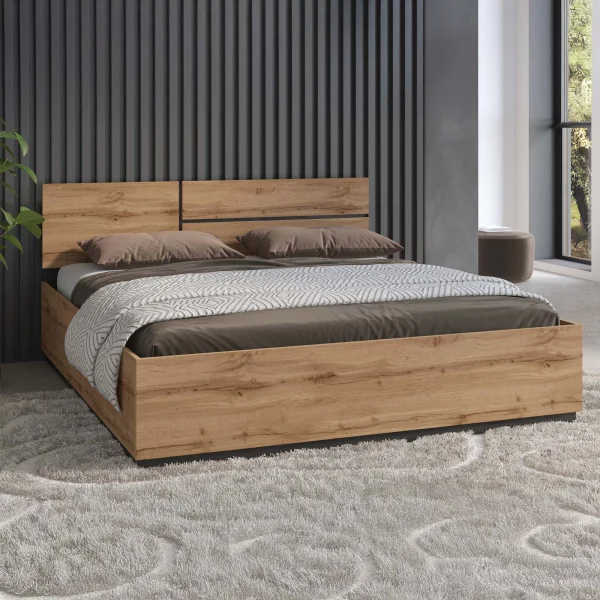 Letto matrimoniale oversize 180x200cm contenitore con rete a doghe testiera reversibile rovere Lolla