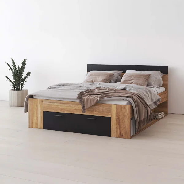 Letto matrimoniale standard 160x200cm con cassettone rovere nero Yve
