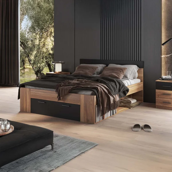 Letto matrimoniale standard 160x200cm con cassettone rovere nero Yve