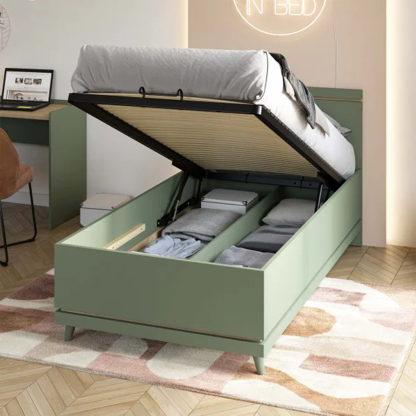 Letto singolo contenitore 100x200 cm con rete verde salvia Yu