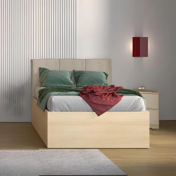 Letto una piazza e mezzo 120x200cm contenitore con rete a doghe testiera imbottita rovere Elvira