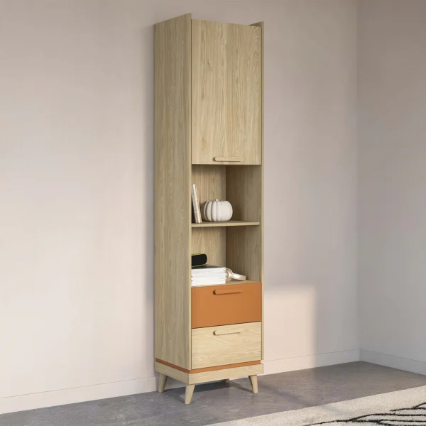 Libreria 50x215h cm 2 cassetti 2 vani a giorno rovere rosso mattone Yu