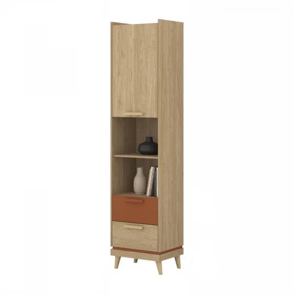 Libreria 50x215h cm 2 cassetti 2 vani a giorno rovere rosso mattone Yu
