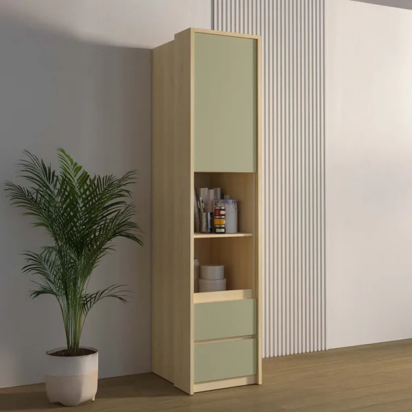 Libreria a colonna 45x215h cm 1 anta 2 ripiani 2 cassetti verde salvia rovere Elvira