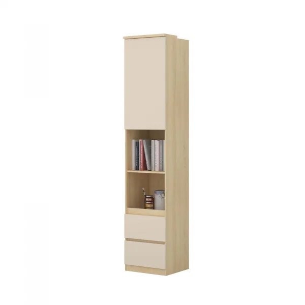 Libreria a colonna 45x215h cm 1 anta 2 vani a vista 2 cassetti beige cashmere rovere Elvira