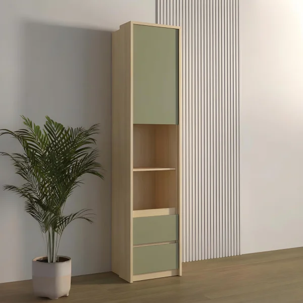 Libreria a colonna 45x215h cm 1 anta 2 vani a vista 2 cassetti verde salvia rovere Elvira