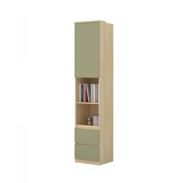 Libreria a colonna 45x215h cm 1 anta 2 vani a vista 2 cassetti verde salvia rovere Elvira
