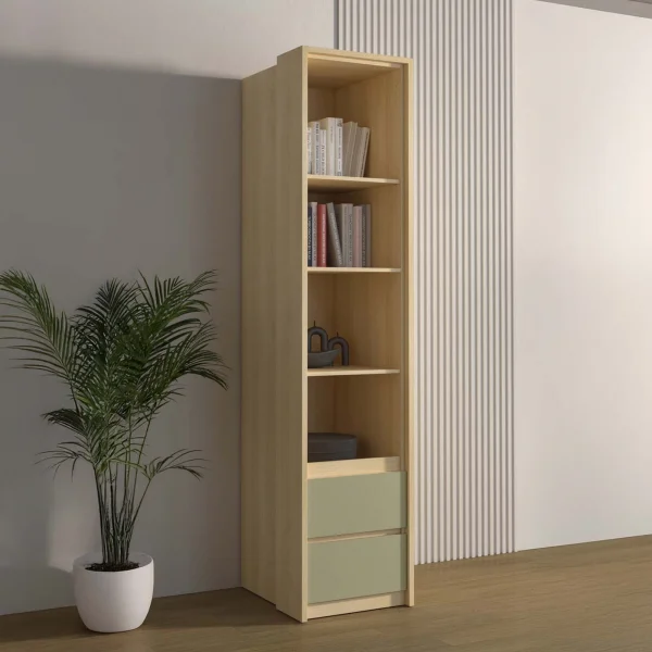 Libreria a colonna 45x215h cm 4 ripiani 2 cassetti verde salvia rovere Elvira