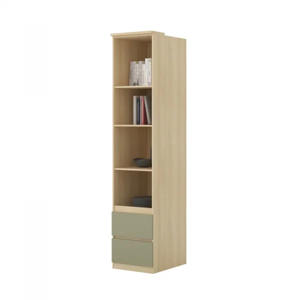 Libreria a colonna 45x215h cm 4 ripiani 2 cassetti verde salvia rovere Elvira