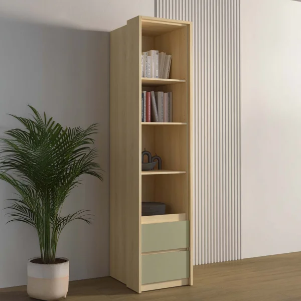 Libreria a colonna 45x215h cm 4 vani a vista 2 cassetti verde salvia rovere Elvira