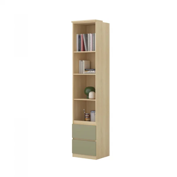 Libreria a colonna 45x215h cm 4 vani a vista 2 cassetti verde salvia rovere Elvira
