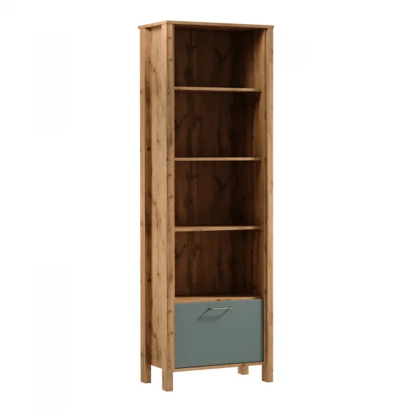 Libreria moderna 66x200h cm 4 ripiani 1 anta rovere verde Leave