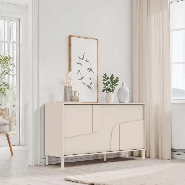 Madia 155x86h cm 3 ante design in rilievo con piedini beige cashmere Sonia