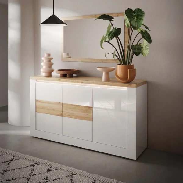 Madia 160x84h cm 3 ante con led bianco lucido rovere chiaro Istria