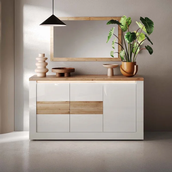 Madia 160x84h cm 3 ante con led bianco lucido rovere chiaro Istria