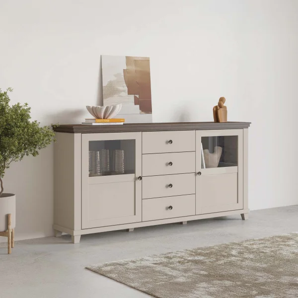 Credenza 181x93h cm 2 ante con vetrinetta 4 cassetti beige Texel