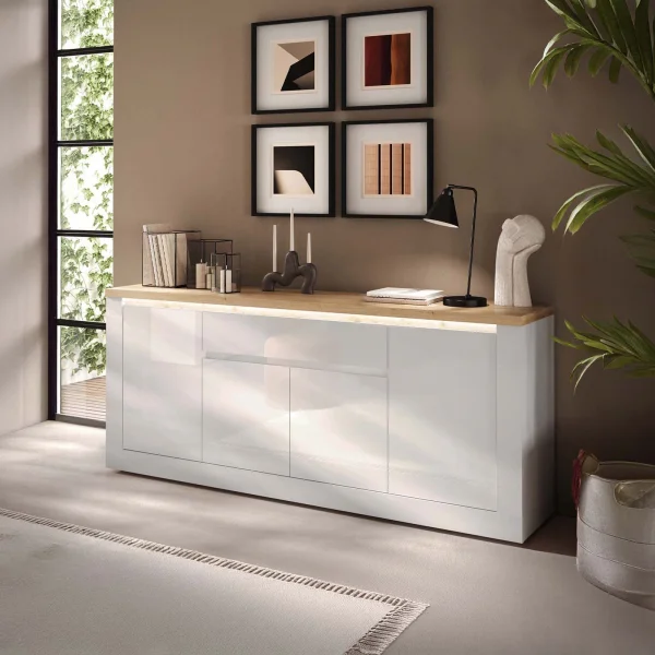 Madia 207x88h cm 4 ante 1 cassetto con led bianco lucido rovere chiaro Istria