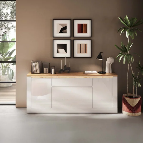 Madia 207x88h cm 4 ante 1 cassetto con led bianco lucido rovere chiaro Istria