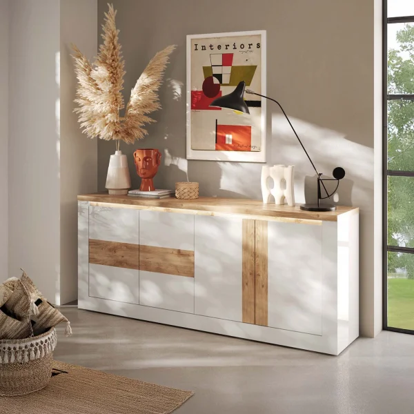 Madia 207x88h cm 4 ante con led bianco lucido rovere chiaro Istria
