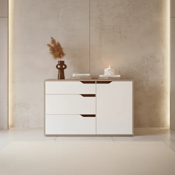 Madia moderna 120x71h cm 1 anta 3 cassetti rovere bianco Misty