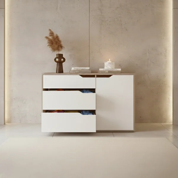 Madia moderna 120x71h cm 1 anta 3 cassetti rovere bianco Misty