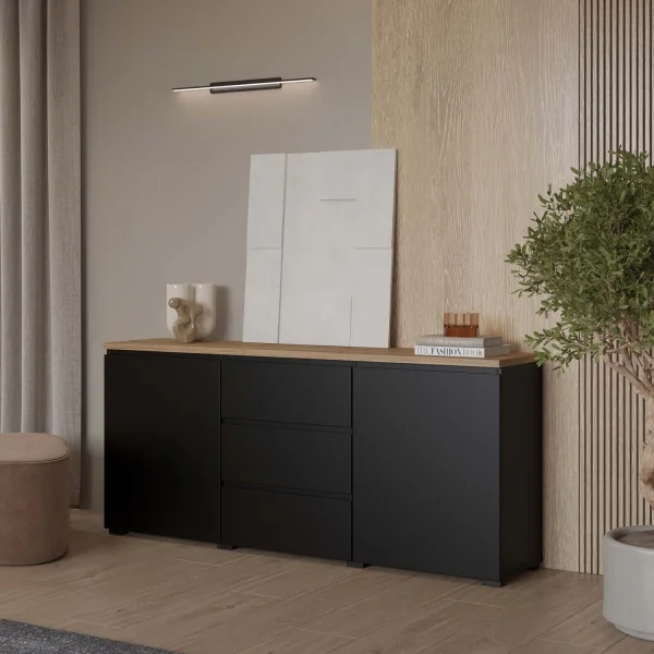 Madia moderna 150x68h cm 2 ante 3 cassetti nero rovere Ischia