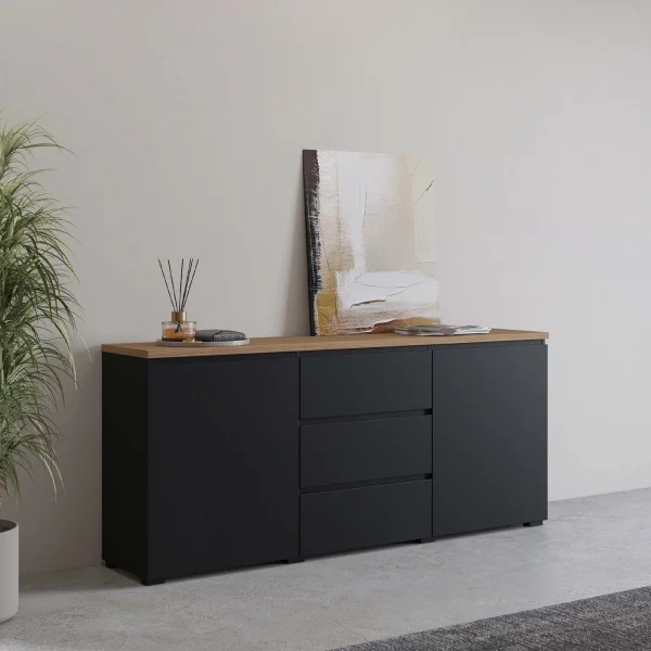 Madia moderna 150x68h cm 2 ante 3 cassetti nero rovere Ischia