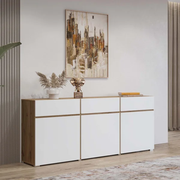 Madia moderna 180x78h cm 3 ante 3 cassetti bianco rovere Lolla