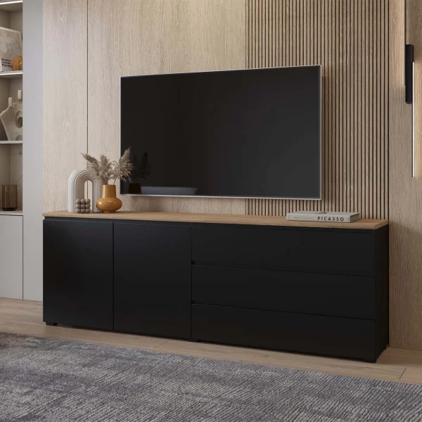 Madia moderna 200x68h cm 2 ante 3 cassetti nero rovere Ischia