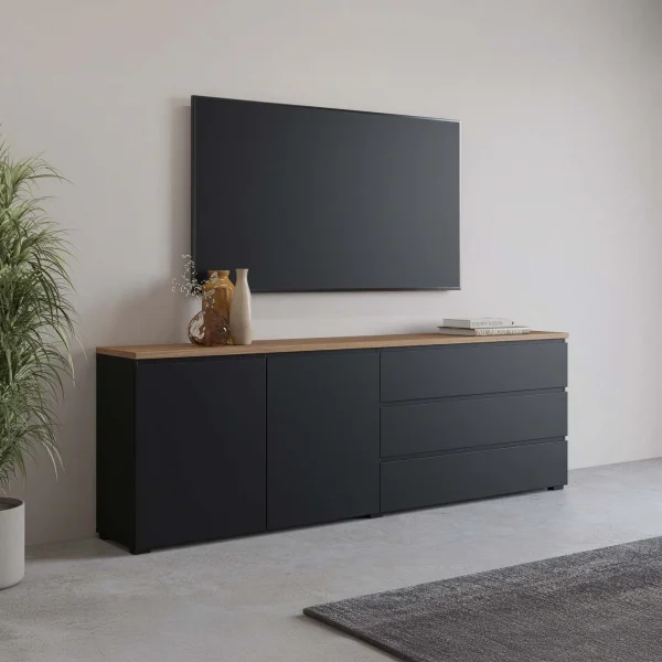 Madia moderna 200x68h cm 2 ante 3 cassetti nero rovere Ischia