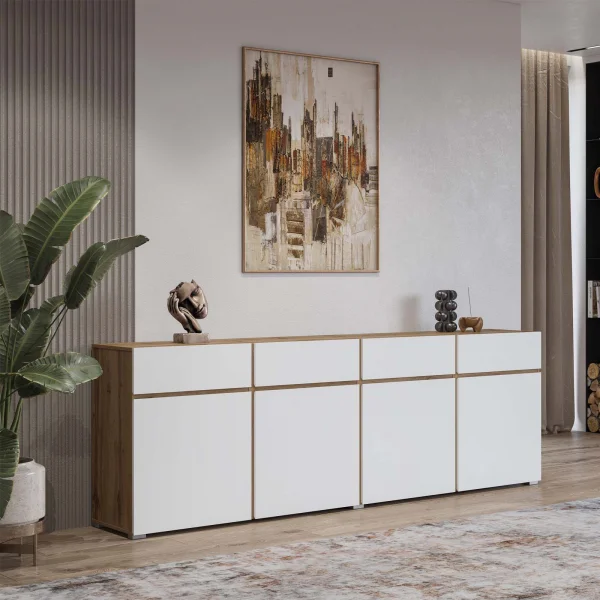 Madia moderna 225x78h cm 4 ante 4 cassetti bianco rovere Lolla