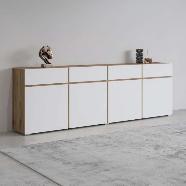 Madia moderna 225x78h cm 4 ante 4 cassetti bianco rovere Lolla