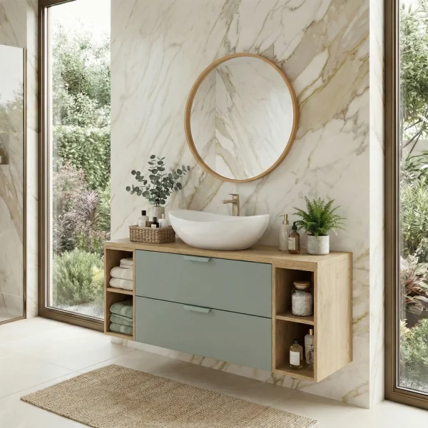 Mobile bagno sospeso 120cm 2 cassetti e vani verde salvia rovere Speranza