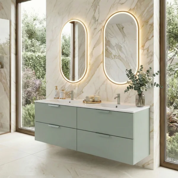 Mobile bagno sospeso 120cm con doppio lavabo 4 cassetti verde salvia Speranza