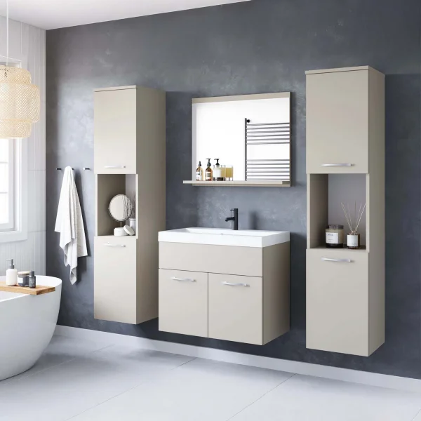 Mobile bagno sospeso 60cm con lavabo, specchio e 2 colonne beige cashmere Mila