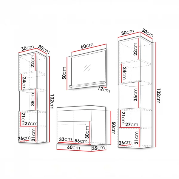 Mobile bagno sospeso 60cm con lavabo, specchio e 2 colonne beige cashmere Mila