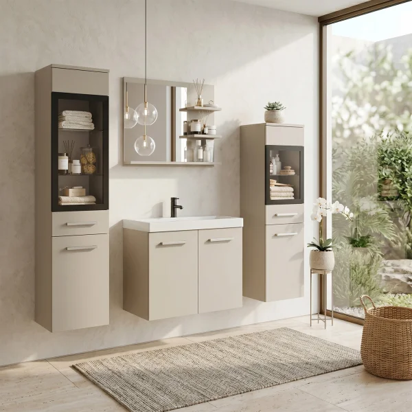 Mobile bagno sospeso 60cm con lavabo, specchio e 2 colonne vetrate beige cashmere Cubik