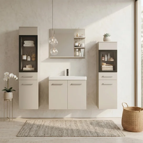Mobile bagno sospeso 60cm con lavabo, specchio e 2 colonne vetrate beige cashmere Cubik