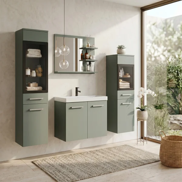 Mobile bagno sospeso 60cm con lavabo, specchio e 2 colonne vetrate verde salvia Cubik