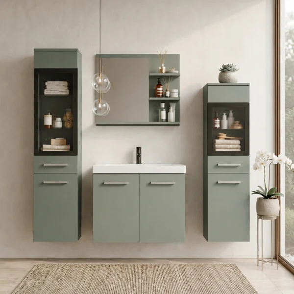 Mobile bagno sospeso 60cm con lavabo, specchio e 2 colonne vetrate verde salvia Cubik