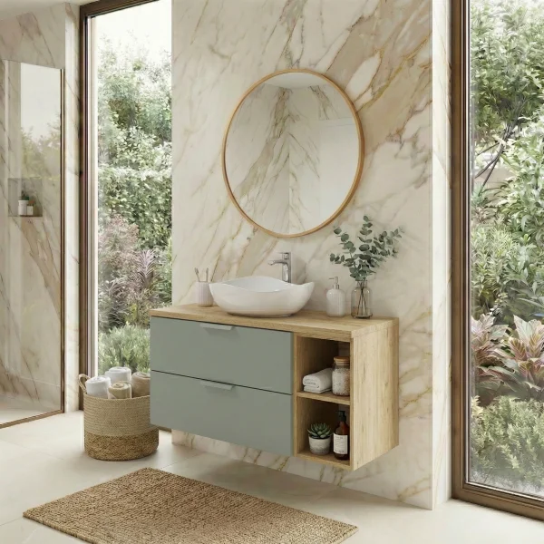 Mobile bagno sospeso 80cm 2 cassetti e vani verde salvia rovere Speranza